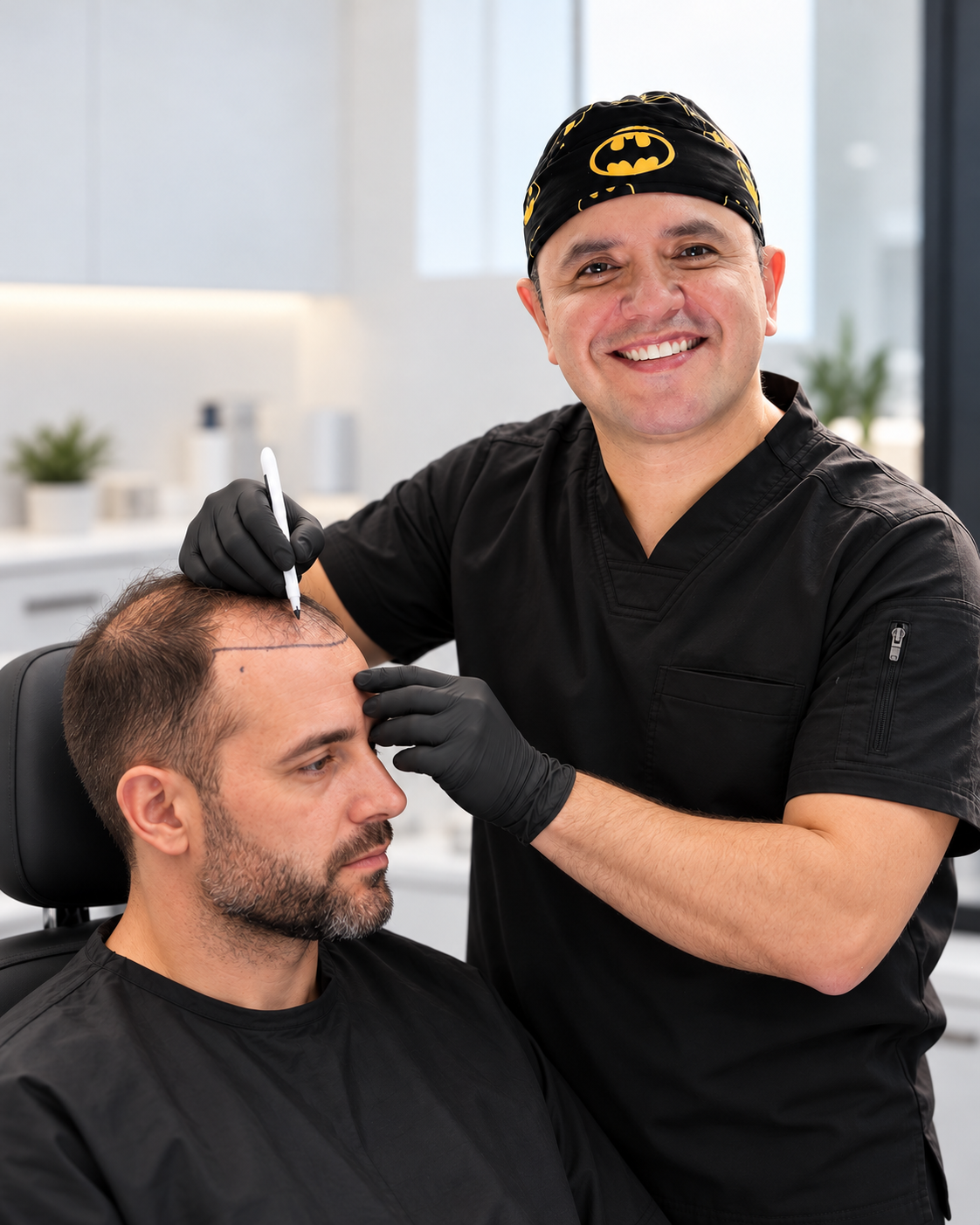 Doctor realizando la valoración de la línea capilar de un paciente